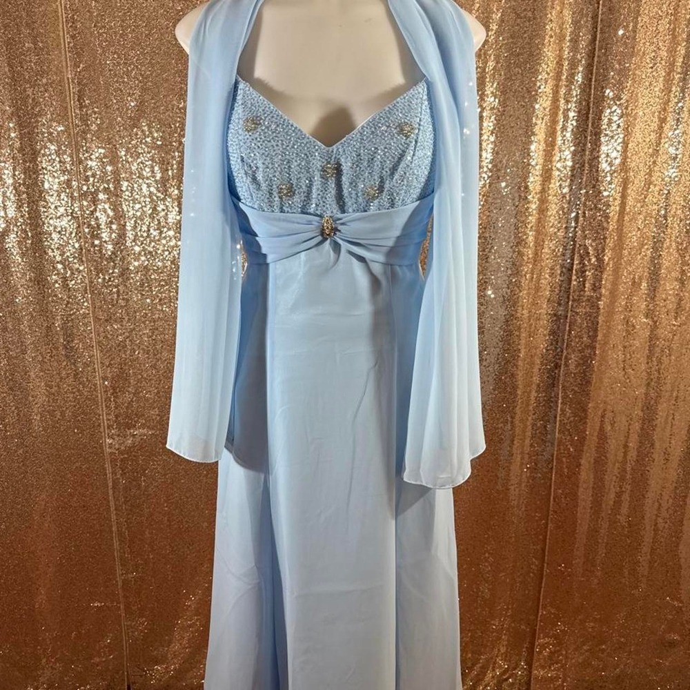 Light Blue Beaded Formal Dress with Shawl Spaghetti Strap Gown/Sizes M-XL-3XL - Picture 2 of 8